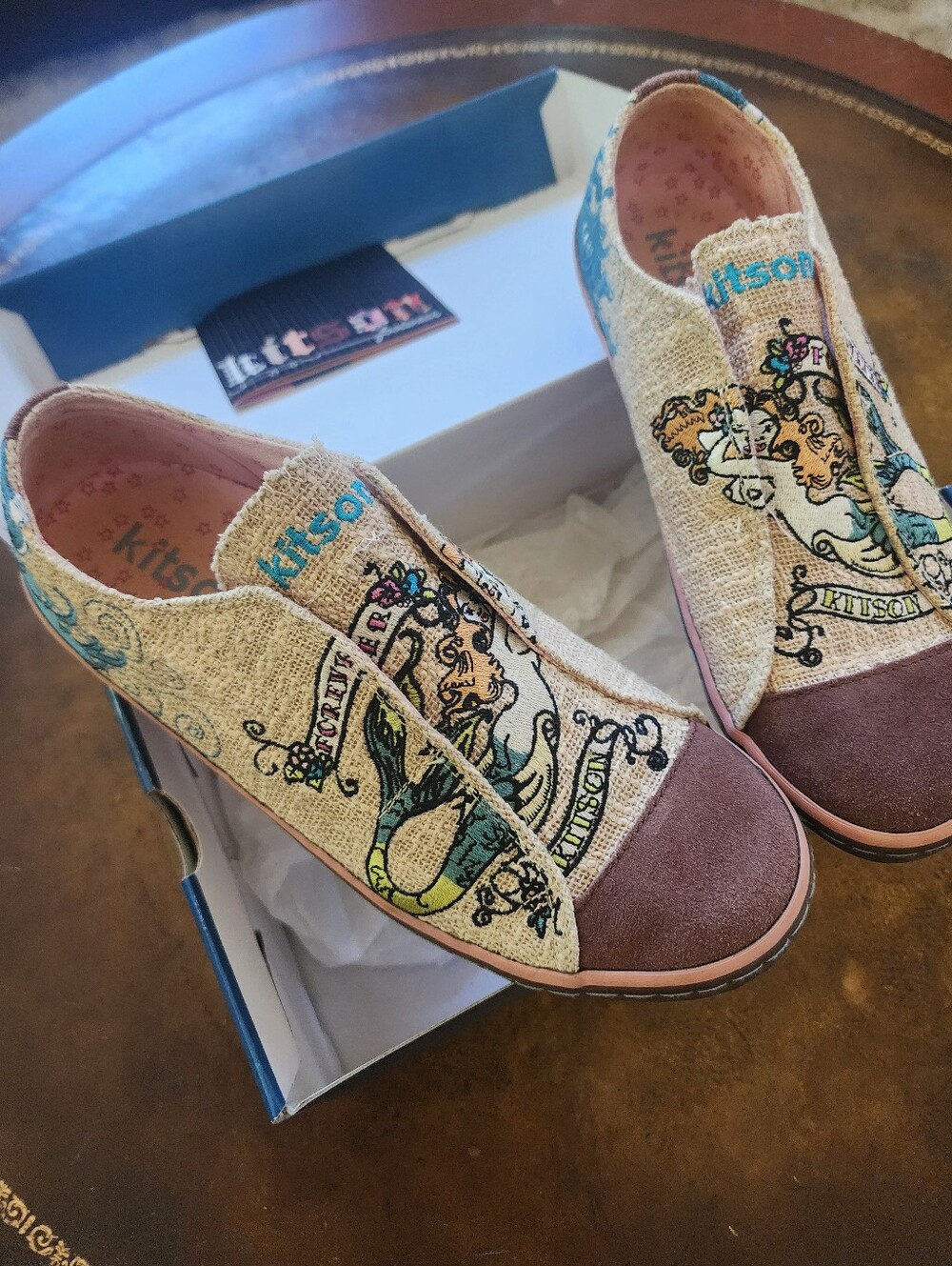 Vintage kitson LA Embroidered Slip-On Sneakers in Cream, Pink and Purple-Brown